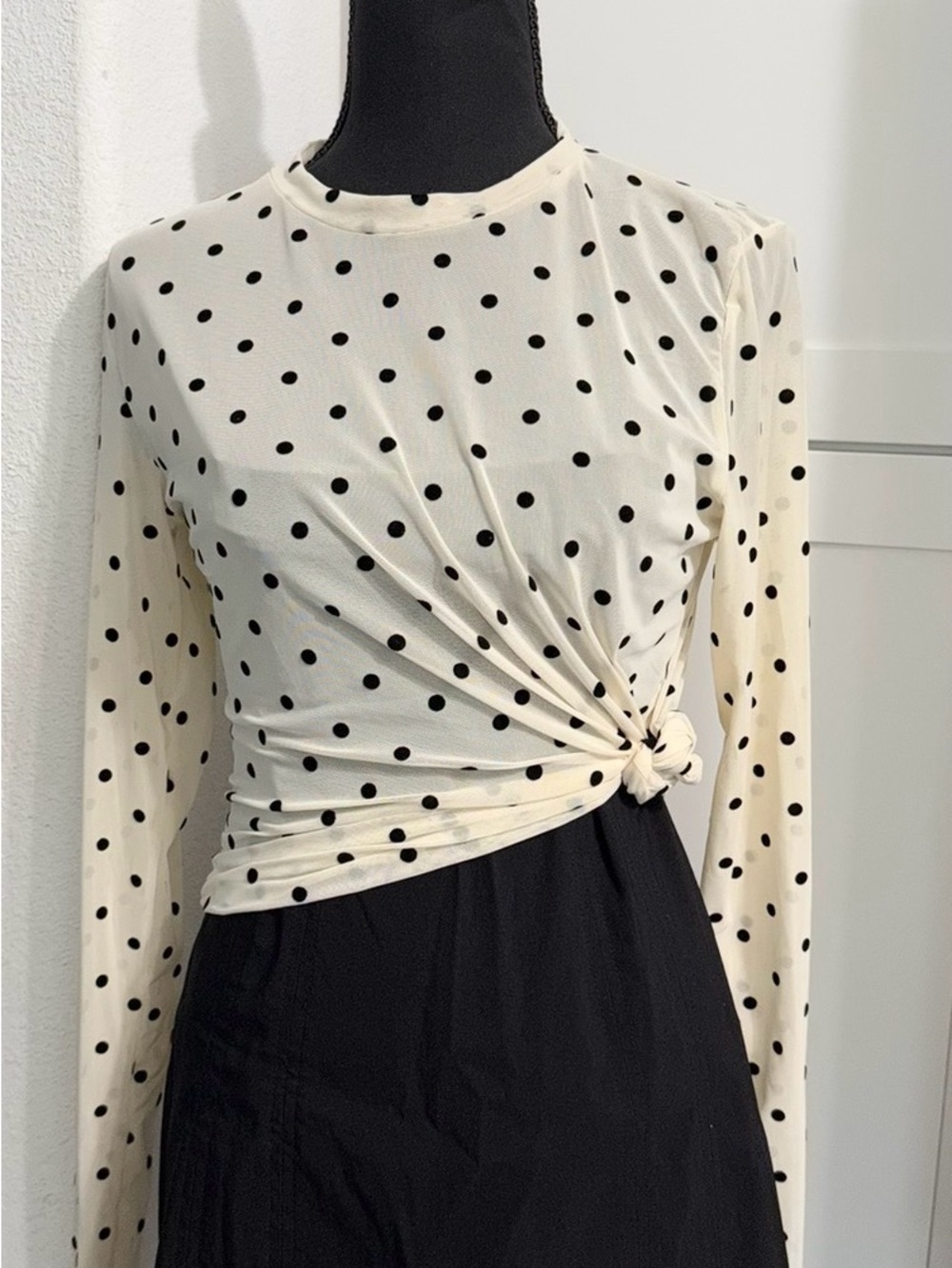 Cream Polka Dot Long-Sleeve Knot Front Blouse